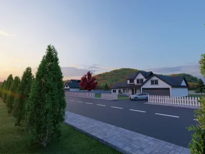 3D Neighborhood Model 8 street with houses and cars at sunset 3D model