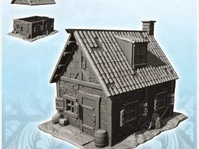 Medieval house with tiled roof floor window and accessories 3 -  3D print model