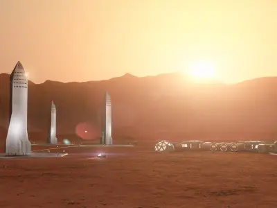  Martian base colony in the crater Planet Mars high detailed animated 3d scene 