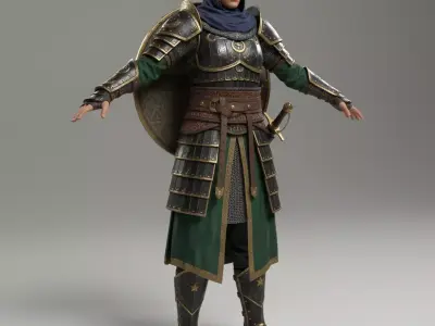 Legendary Armored Warrior Woman High-Poly 3D Character in T-Pose Low-poly 3D model