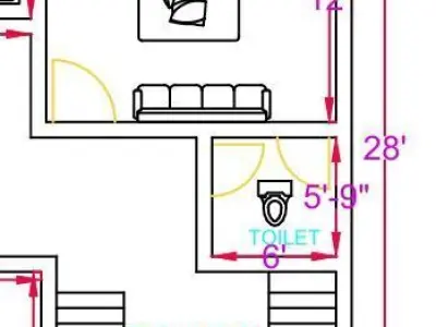 Modern 2BHK Ground Floor House Plan 50x28 Feet AutoCAD Drawing 3D model