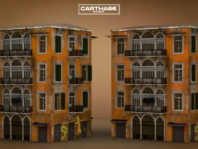Arabic Neoclassical Weathered Building with Balconies and Shops Low-poly 3D model