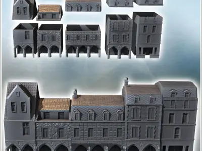 Set of modern multi-story buildings with colonnade passage and b 3D print model