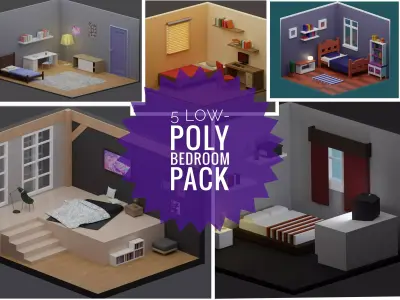 Low-Poly Bedrooms Pack - 5 Bedrooms Low-poly 3D model
