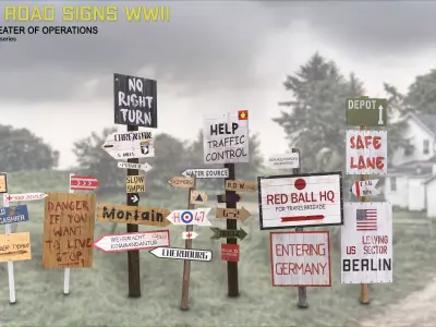 Allied road signs WWII European theater of operations Low-poly 3D model
