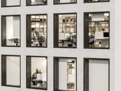 Modern office facade 01 at night with simple interiors 3D model