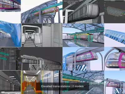 Elevated trains stations 3D Model Pack