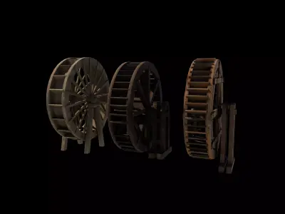 wooden water wheels set 02 3D model