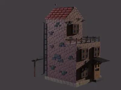 low-poly house brick building with roof Low-poly 3D model