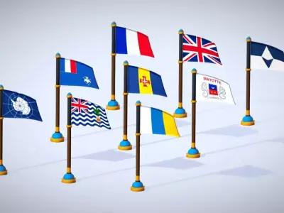 Antarctic Countries Flags Pack Toon Style Antarctica Region Low-poly 3D model