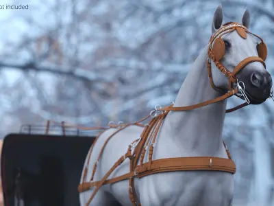  Antique Winter Sleigh with Harnessed Horse 
