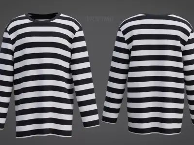 Male Oversized Harajuku Tee Shirt - Long-sleeved Stripes T-Shirt Low-poly 3D model