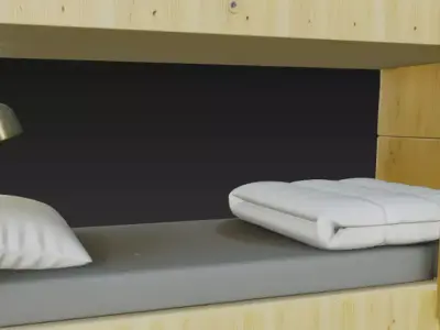 Modern Wooden Bunk Bed Hostel Bed with Ladder and Reading Lamps 3D model