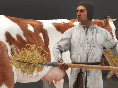  Medieval Peasant Tending to Cow 