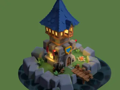 Stylized Fantasy Tower on Island Low-poly 3D model