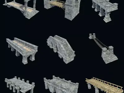 BRIDGE AZTEC MAYAN INCA STONE PLATFORM STAIRS COLLECTION Low-poly 3D model