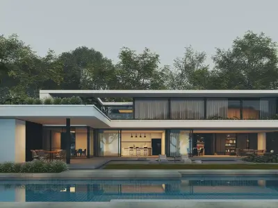 Modern  luxurious  two story detached villa with a swimming pool Low-poly 3D model