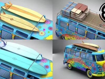 Volkswagen T1 Samba 1963 Hippie Accessories 3D model