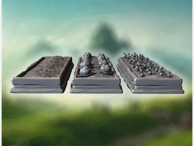Raised garden beds with soil vegetables and wooden borders for s 3D print model