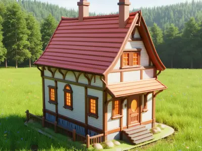 Cottage House Cozy Rural Home LowPoly Red Roof 3D Model Low-poly 3D model