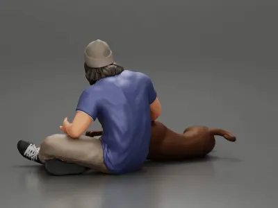 Man in a bonnet sitting crossing his legs and hugging a dog 3D print model