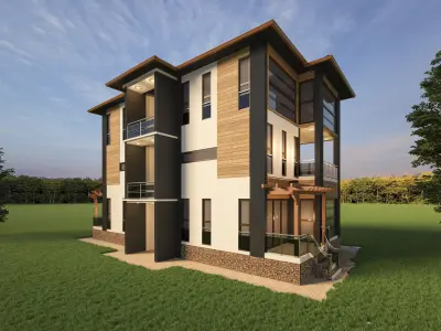 Realistic House two story in middle of grassy field 3D model