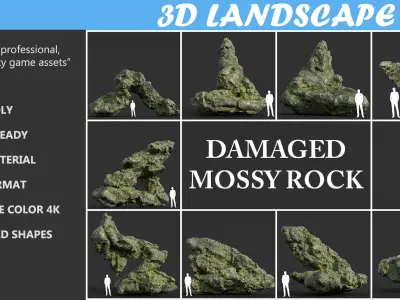 Low poly Damaged Mossy Rock A 190430 Low-poly 3D model