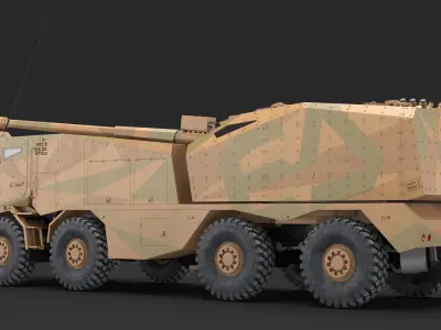  Wheeled Armored Howitzer in Desert Camouflage Rigged for Maya 