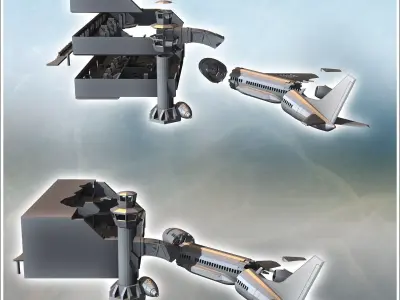 Destroyed modern airport with control tower and plane wreckage 1 3D print model