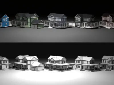 5 cartoon country cottages Low-poly 3D model