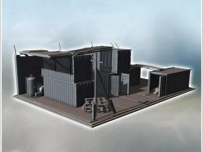 Stacked shipping containers forming a makeshift structure with l 3D print model
