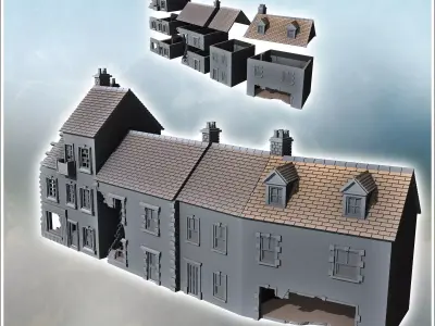 Set of four attached European ruined houses with chimneys and ro 3D print model