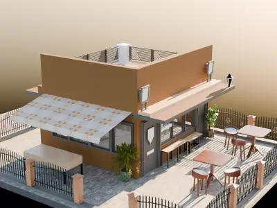 Modern Coffee Shop Exterior 3D Model Rooftop Cafe Low-poly 3D model purchase