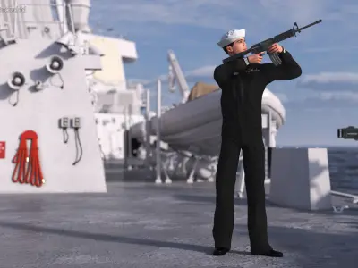  Asian Sailor in Black Uniform with Rifle 