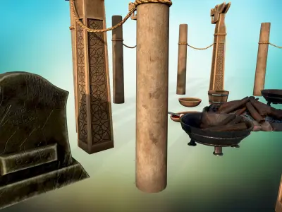 Stylized ritual altar columns bonfire grave sacrificial knife  Low-poly 3D model