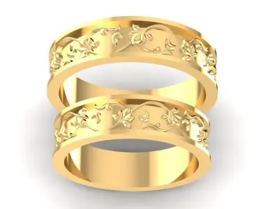 Elegant Floral Engraved Wedding Band Set for Men and Women 808 3D print model