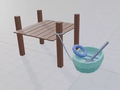 Wooden dock and small boat Low-poly 3D model