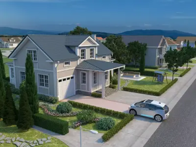 Suburban residential scene  villa  house Low-poly 3D model