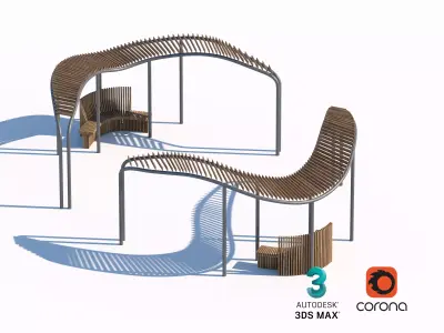 Curved Wood and Metal Pavilion with Bench Seating 3D model