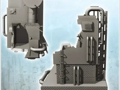 Brick industrial plant on platform with auxiliary tank and pipes 3D print model
