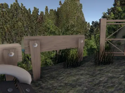 Wooden fences with door and a low poly chair Low-poly 3D model