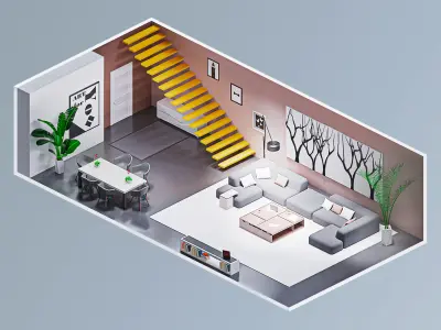 Room 3 living with stairs Low-poly 3D model