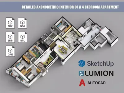 Detailed Axonometric Interior of a 4 bedroom apartment 3D model