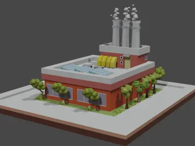 Factory building with chimneys and trees Free low-poly 3D model