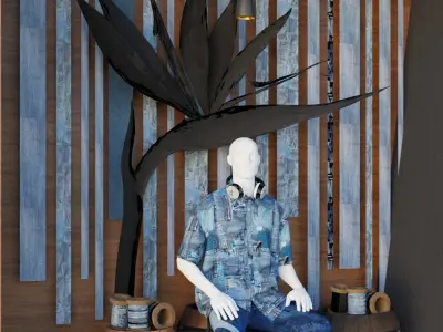 Denim Mannequin Sitting on Barrels 3D model