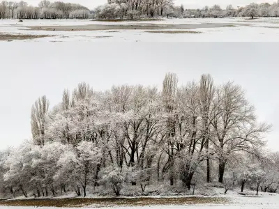Panorama of the park with a lake and snow-covered trees - 30k 3D model