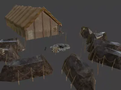 Prehistoric village tents fireplace 3D model