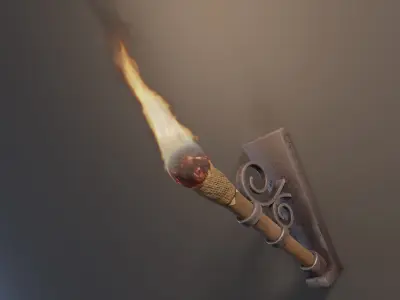 Wooden Torch with Holder and Fire Low-poly 3D model