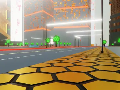 Sci Fi Building City with Roads Lights Screens - Low Poly PBR Low-poly 3D model