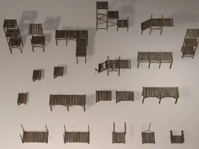 Wooden platforms modular collection Low-poly 3D model